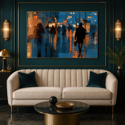 Rainy city nightscape above a cream channel tufted sofa on a deep teal wall with brass sconces