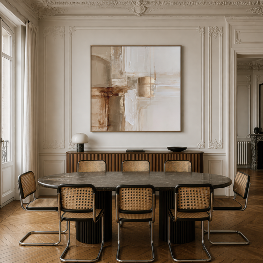 Square beige and copper abstract artwork above a dark oval dining table with cane chairs in a paneled dining room