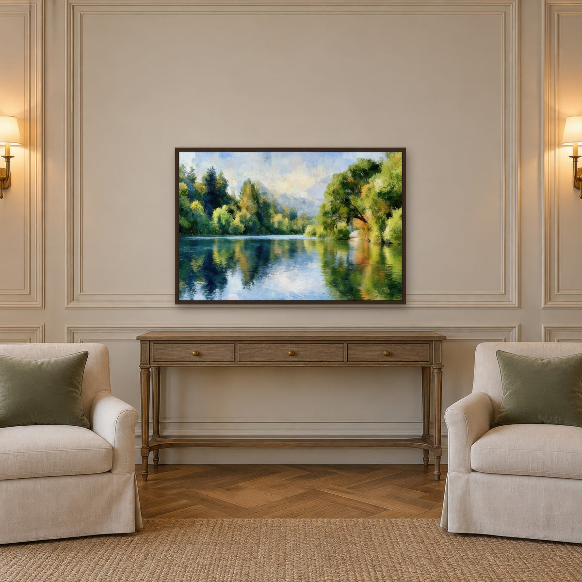 Quiet Lake Reflection impressionist wall art in an entryway