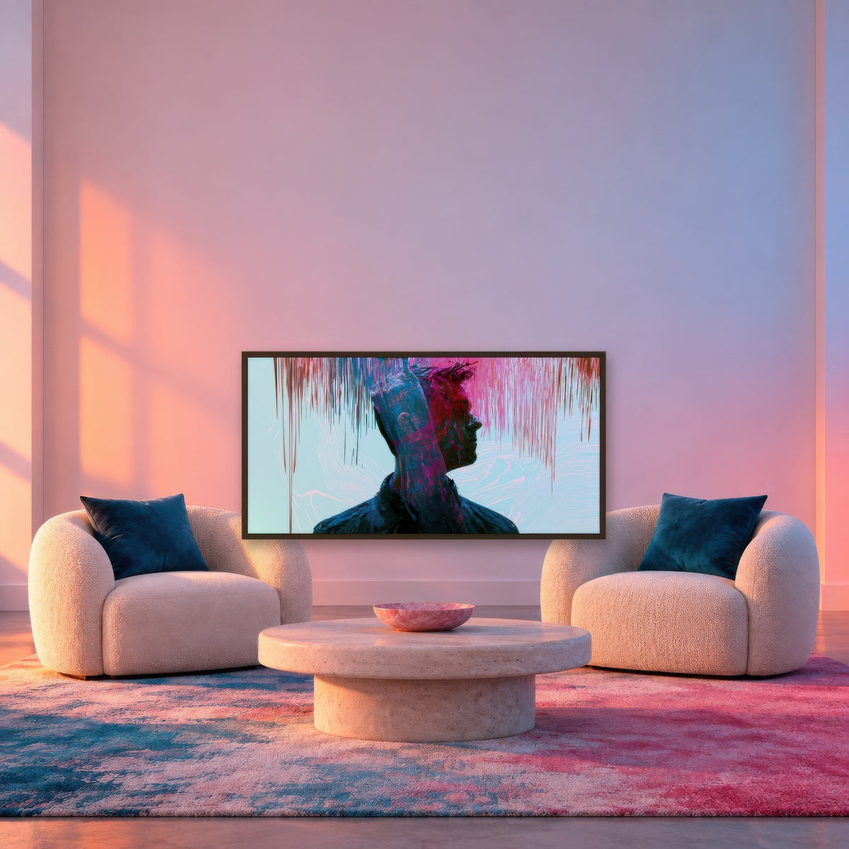 Double Profile in Red and Teal abstract portrait wall art in a den