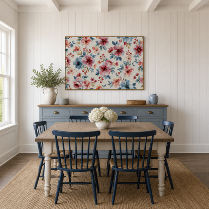 Pink and Blue Floral Pattern wall art print, alternate room view
