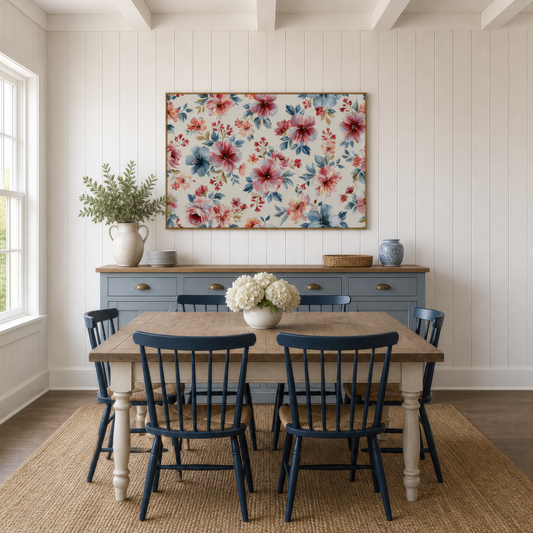 Pink and Blue Floral Pattern wall art print, alternate room view