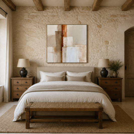 Square rust and white abstract artwork above a bed with a wooden bench in a stone-walled bedroom