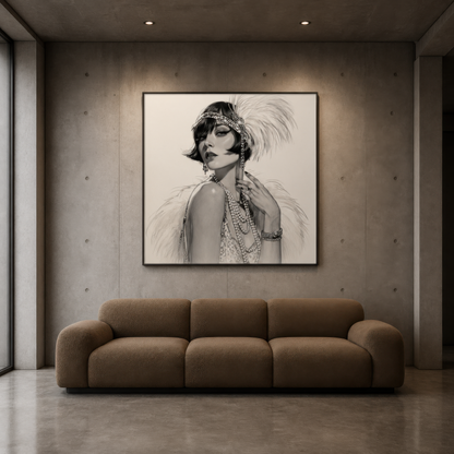 Pearl cascade above a taupe modular sofa on a grey concrete wall