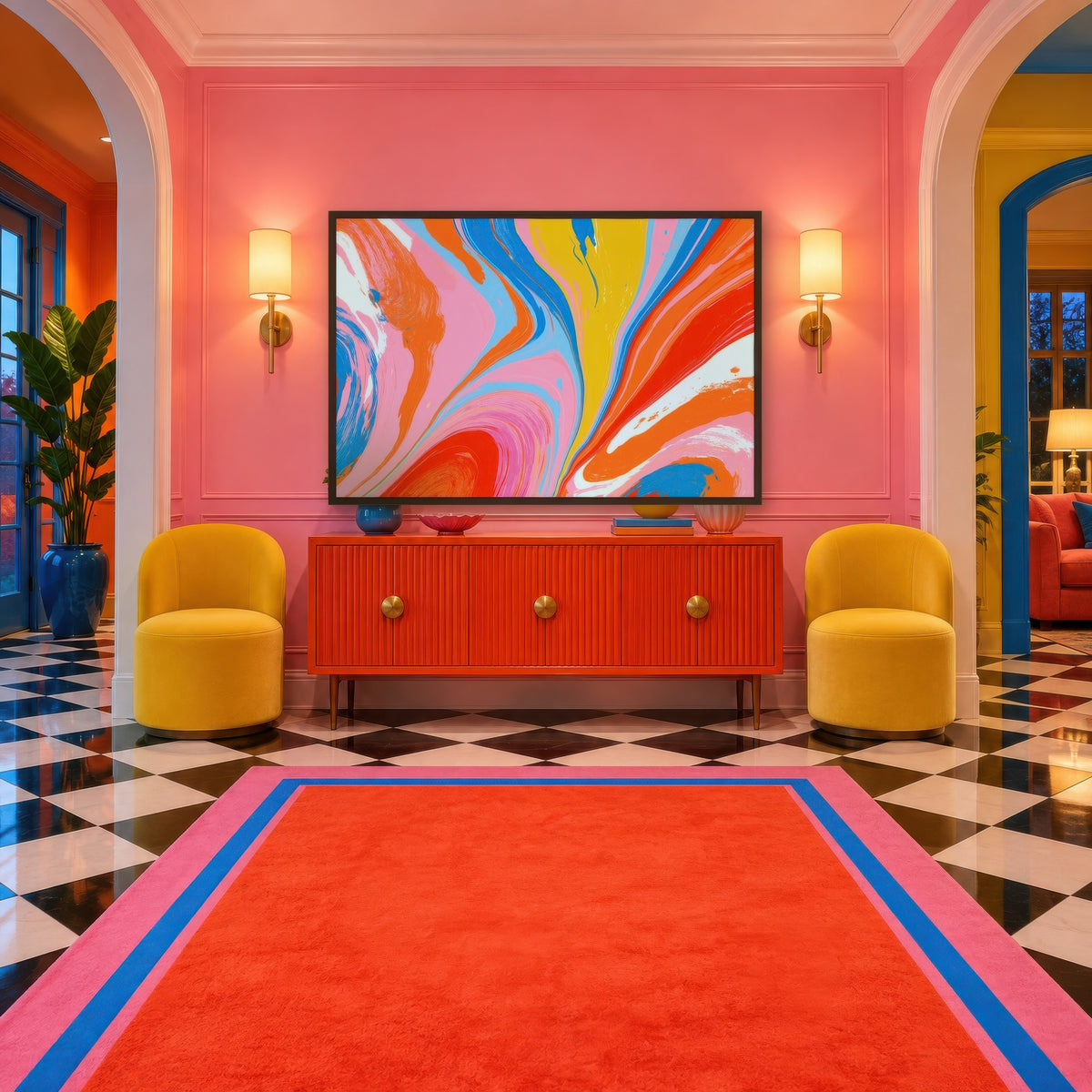 Electric Bloom dopamine wall art in an entryway