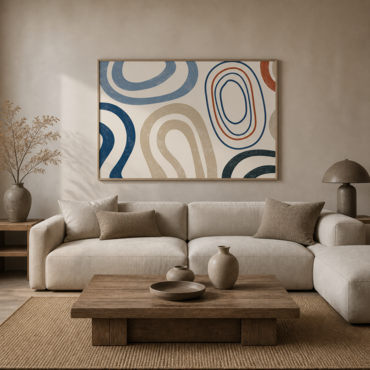 Geometric loops abstract above a cream curved sofa with a low wood coffee table