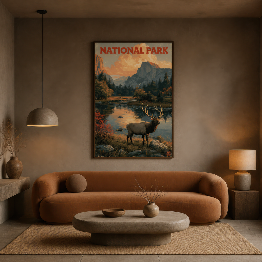 Half Dome Elk Vintage Poster – National Park Wall Art