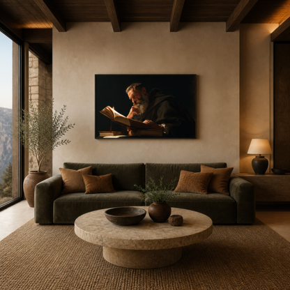 Scholar by candlelight above an olive green sofa with a round stone table and mountain window