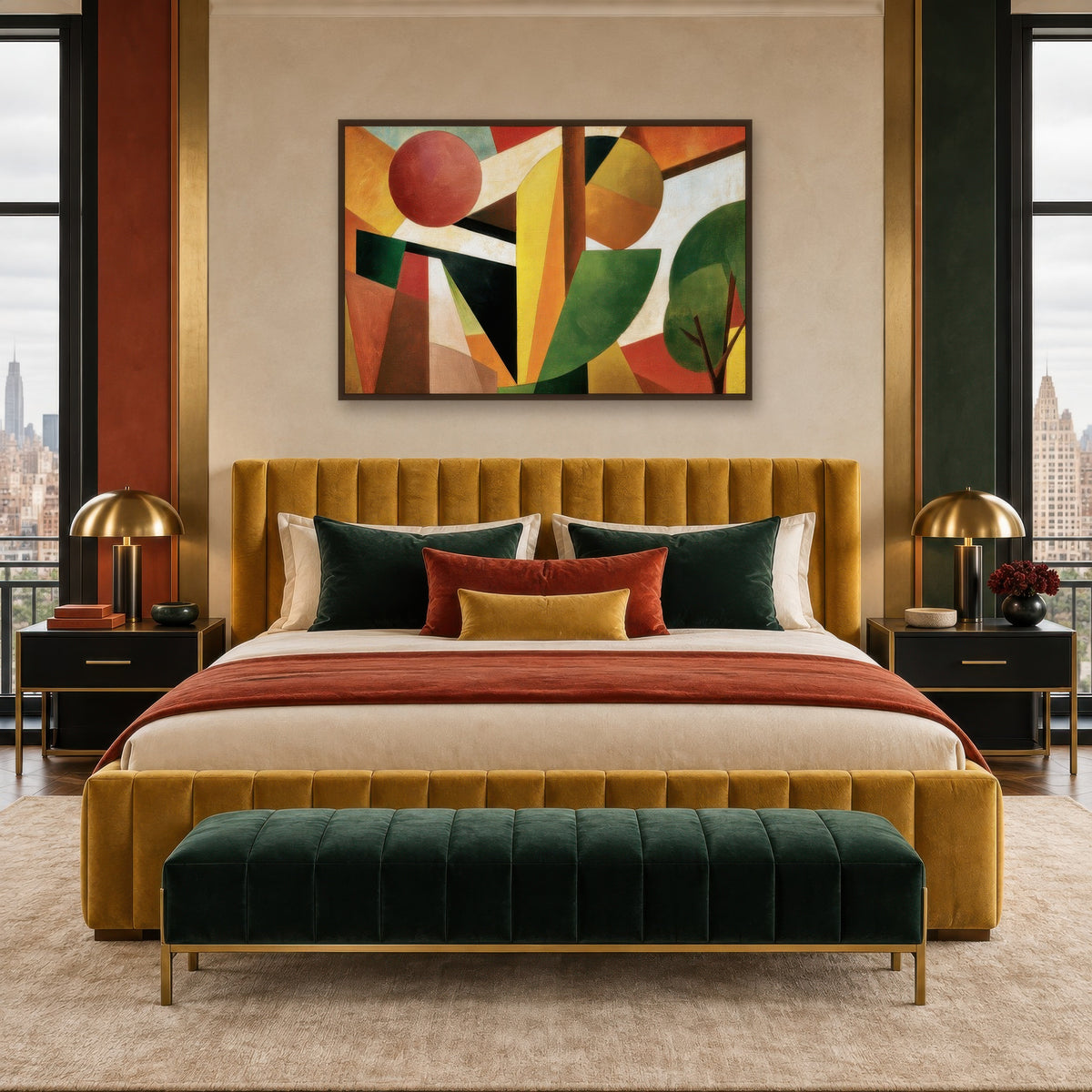 Cubist Sunrise Landscape art deco wall art in a bedroom
