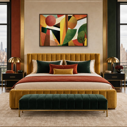 Cubist Sunrise Landscape art deco wall art in a bedroom