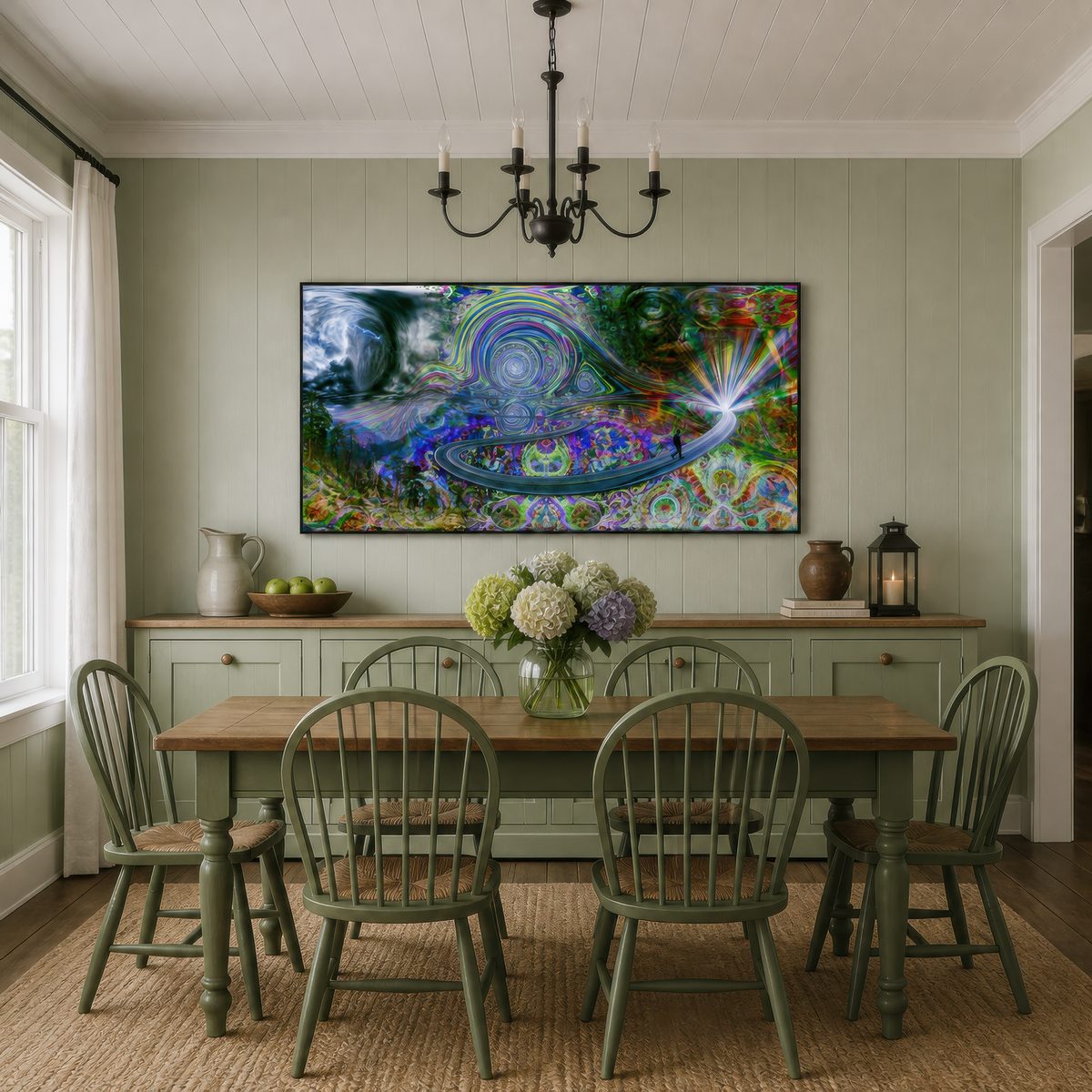 Psychedelic spiral vortex above a green dining table with spindle chairs on a sage wall