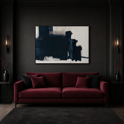 Large black and navy abstract artwork above a burgundy velvet sofa on a charcoal wall