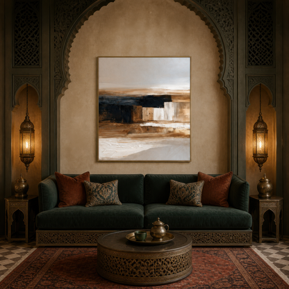 Tall brown and cream abstract artwork above a dark green sofa in an arched alcove