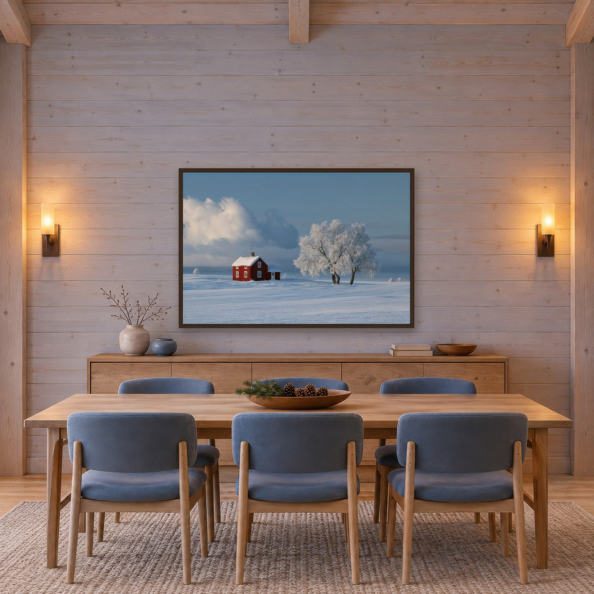 Red Cottage in Snowy Field scandinavian wall art in a dining room
