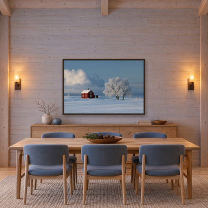 Red Cottage in Snowy Field scandinavian wall art in a dining room