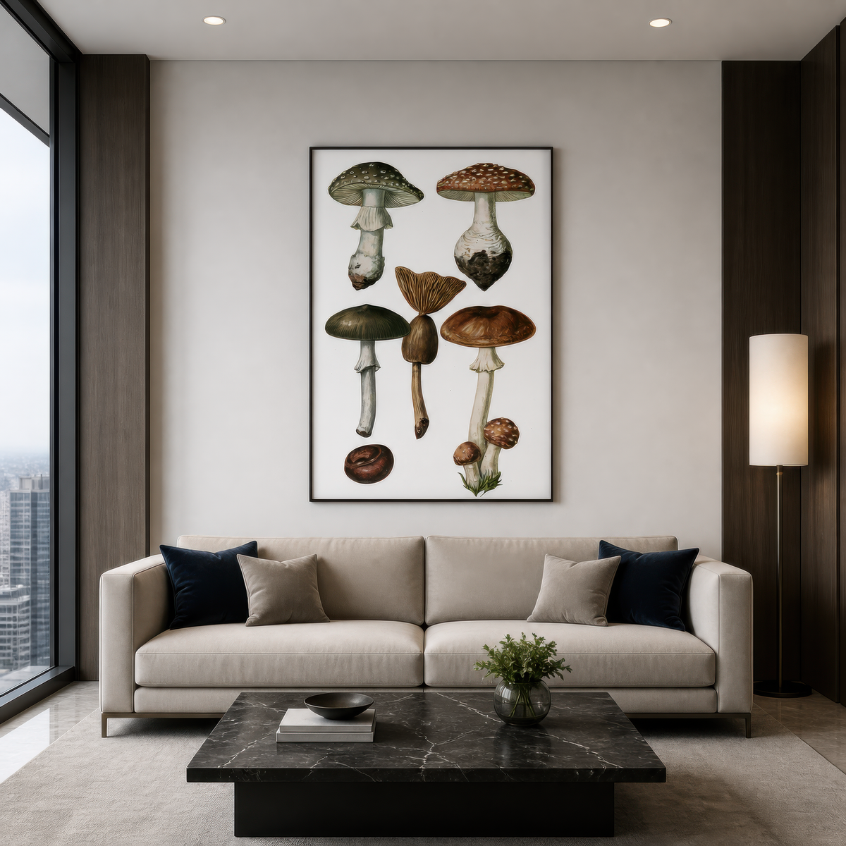Vintage Mushroom Specimen Plate wall art print staged in a room