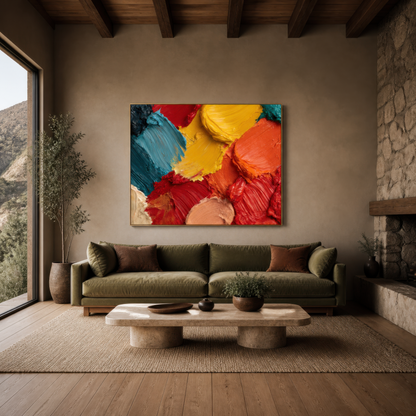 Citrus burst above an olive green sofa beside a stone fireplace with a plaster table