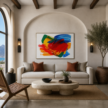Vivid frequency above a cream sofa with rust pillows and a round plaster coffee table
