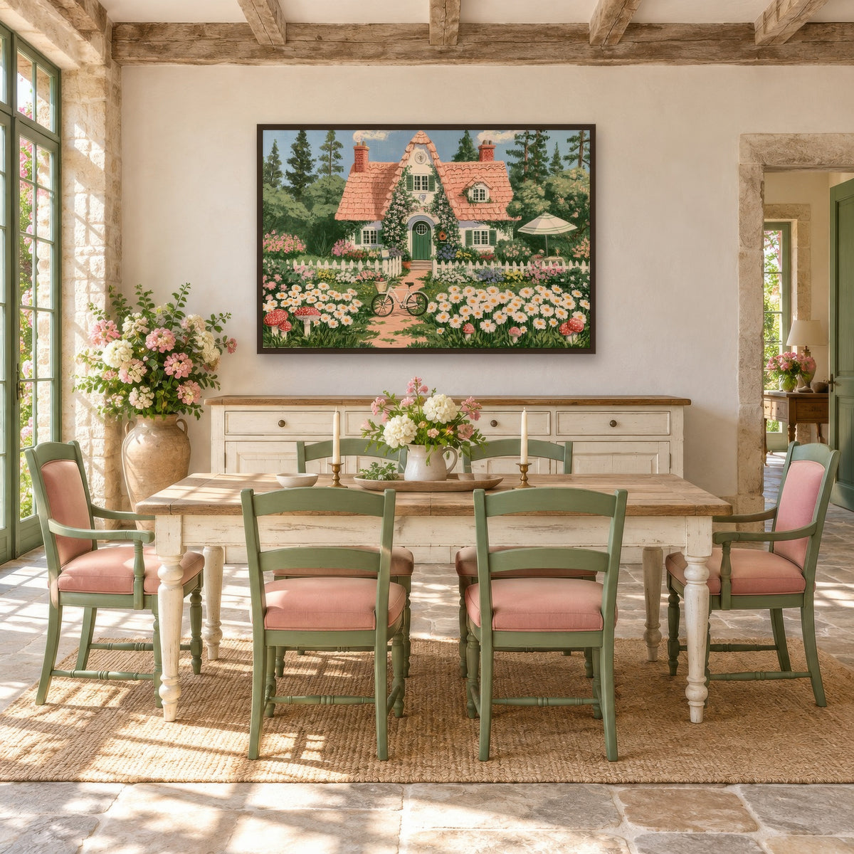 Storybook Garden Cottage cottagecore wall art in a dining room