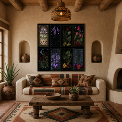 Eight-Panel Gothic Stained Glass Illustration wall art print, alternate room view