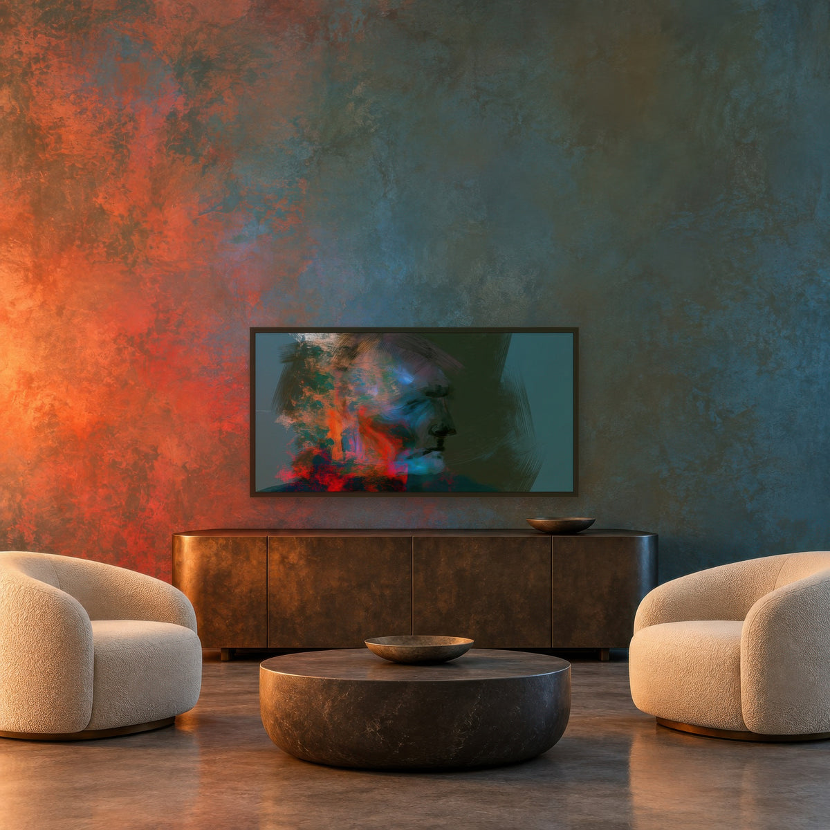 Orange and Teal Profile abstract portrait wall art in an entryway