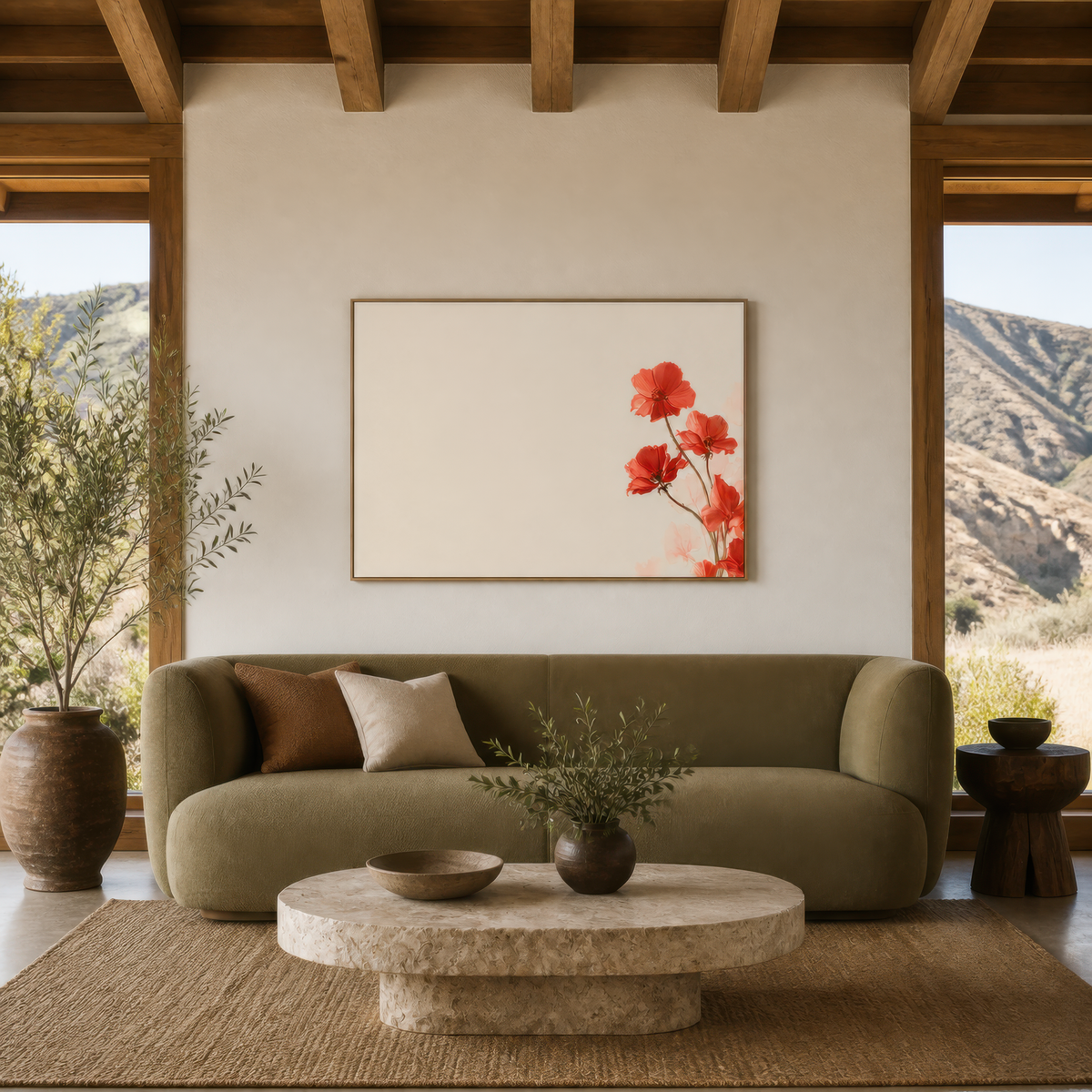 Minimalist Red Flowers on Cream – Watercolor Floral Wall Art