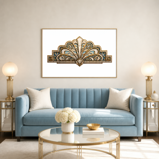 Gilded deco fan above a pale blue channel sofa with a gold and glass coffee table