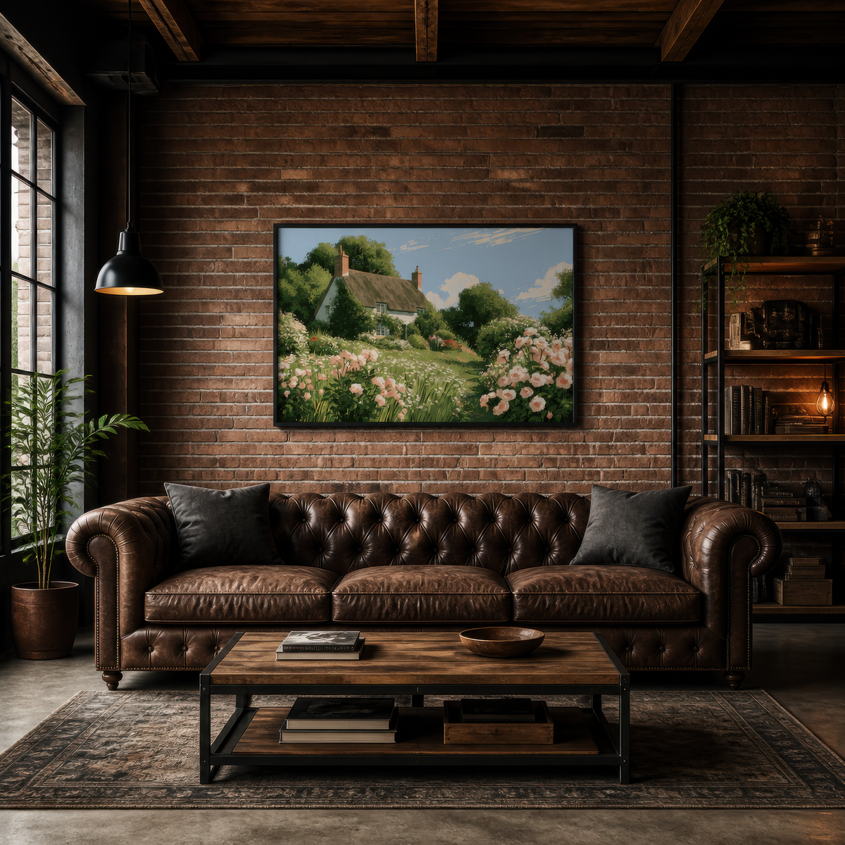 Hillside cottage above a brown tufted leather sofa on an exposed dark brick wall