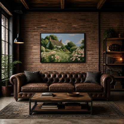 Hillside cottage above a brown tufted leather sofa on an exposed dark brick wall