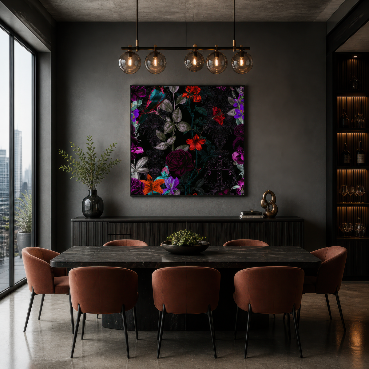 Vivid Dark Floral Illustration wall art print, alternate room view
