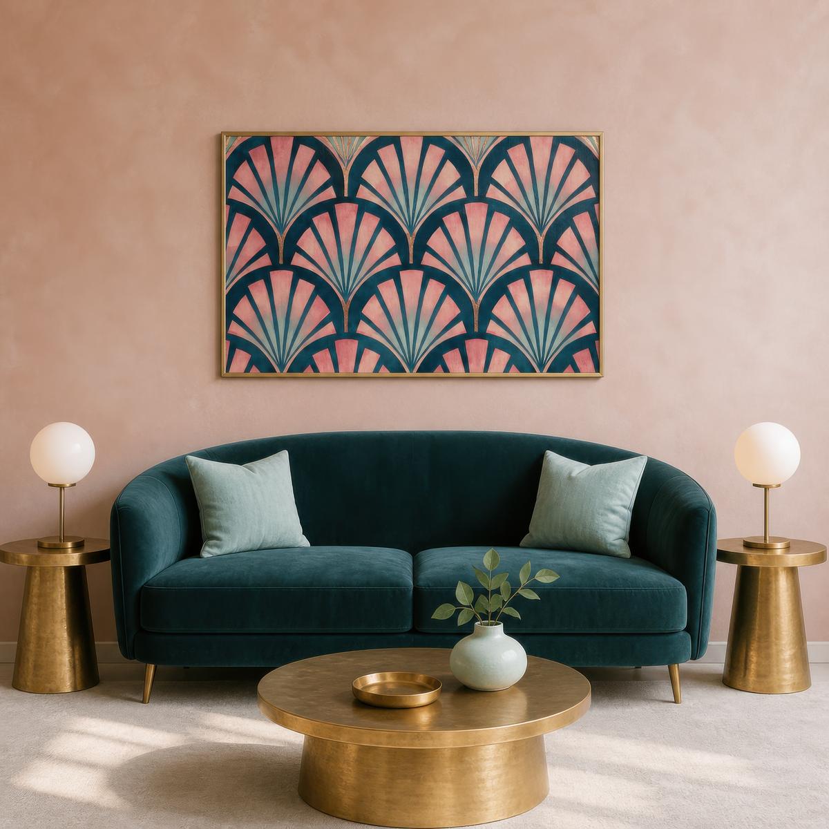 Rose deco fan pattern above a teal velvet sofa with globe lamps and a brass coffee table