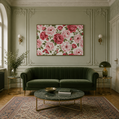 Dense Pink Rose Pattern wall art print, alternate room view