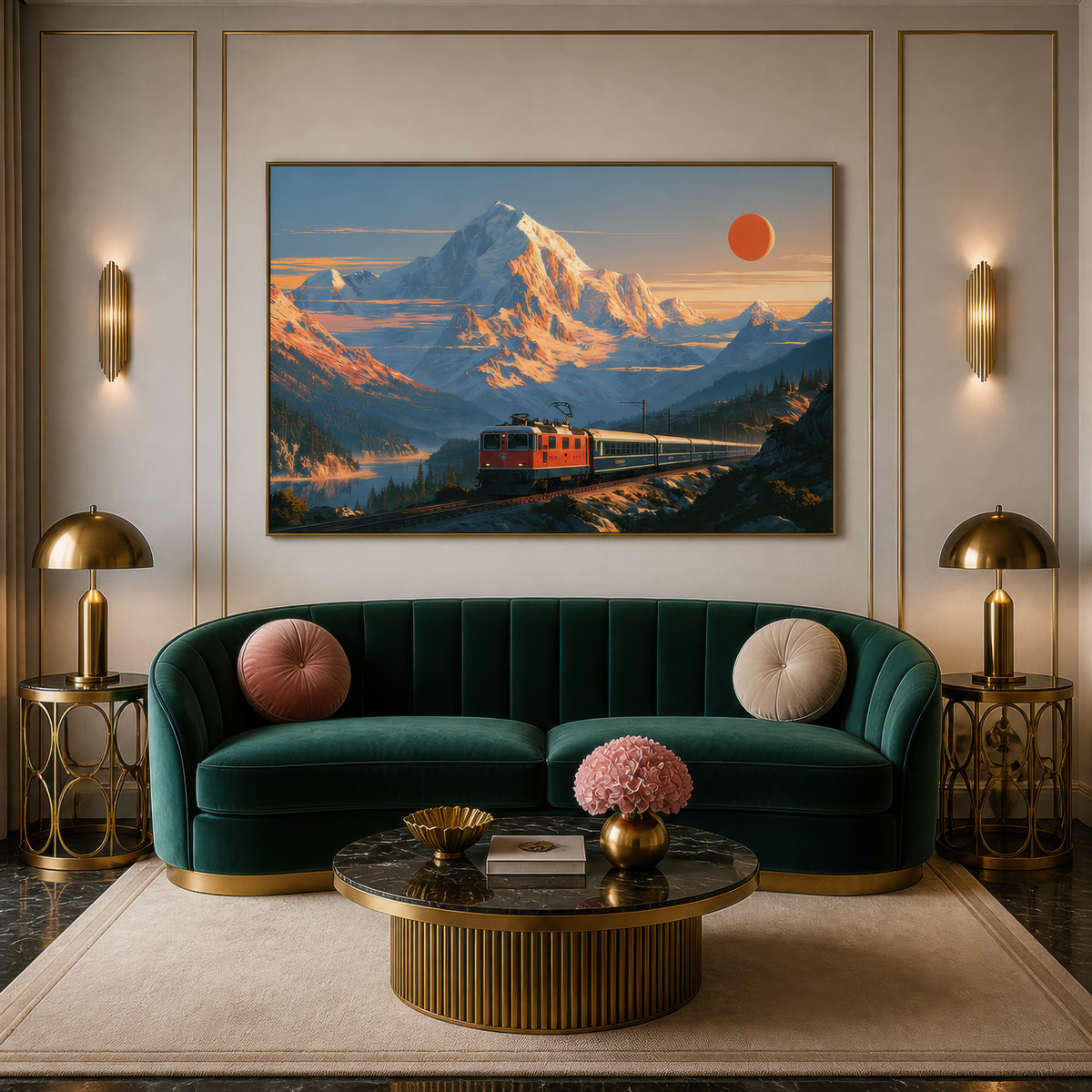 Alpine Train Mountain Illustration wall art print staged in a room