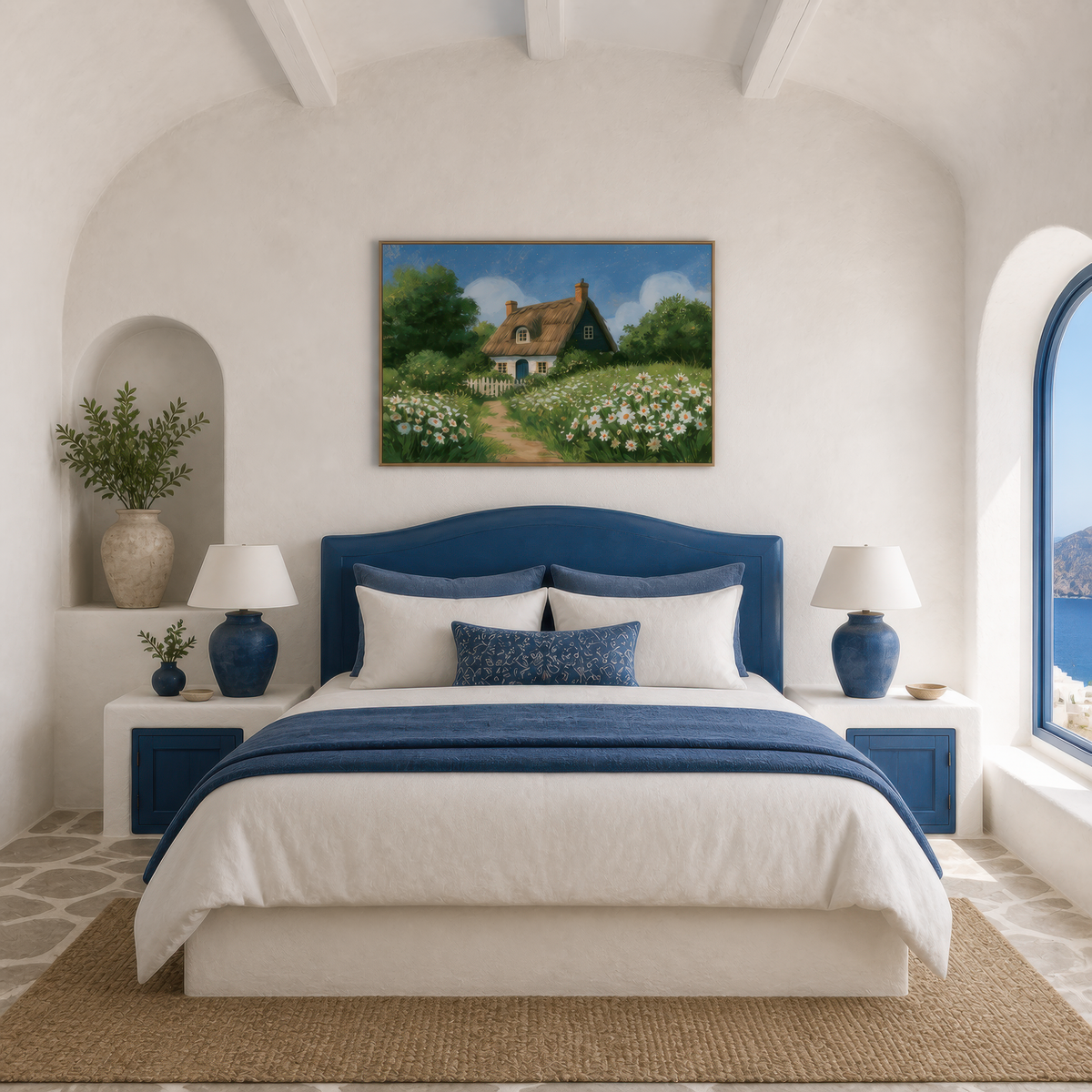 Thatched blue cottage above a navy upholstered bed with white bedding in a plaster alcove