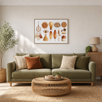 Woven talisman collection above an olive sofa with rust pillows and a round rattan table