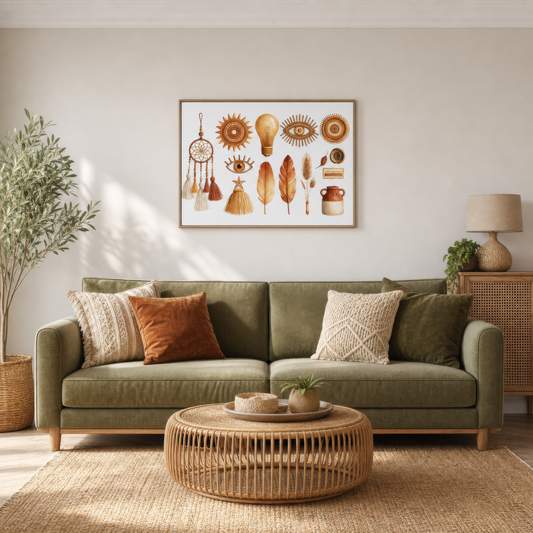 Woven talisman collection above an olive sofa with rust pillows and a round rattan table