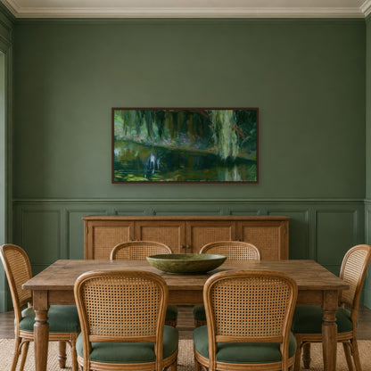 Shaded Willow Pond in Deep Green impressionist wall art in a dining room