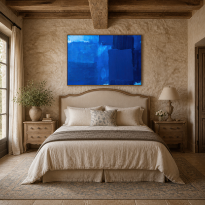 Large cobalt and navy blue abstract artwork above an upholstered bed on a plaster wall
