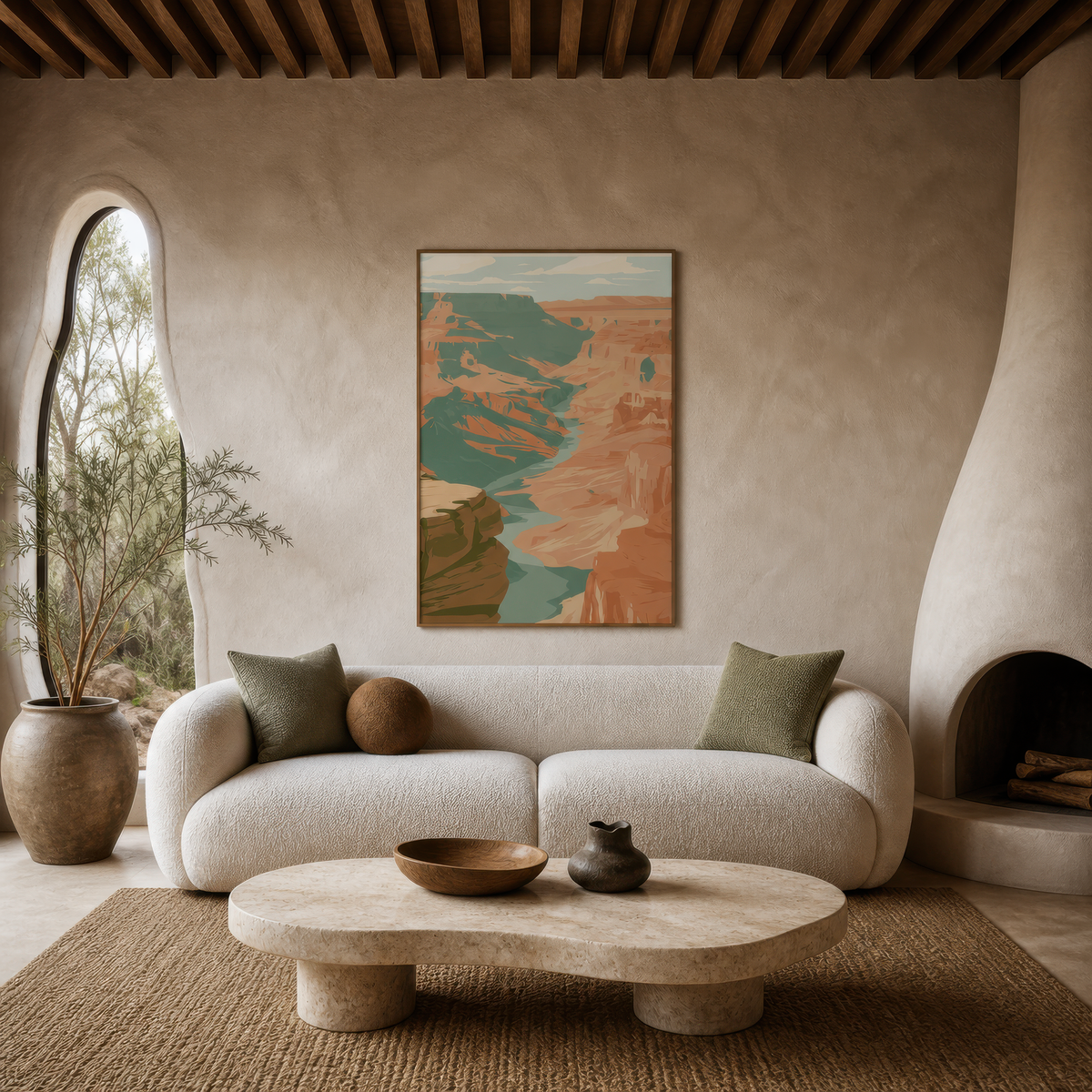 Wide river between canyon walls above a cream curved sofa with a round wood table
