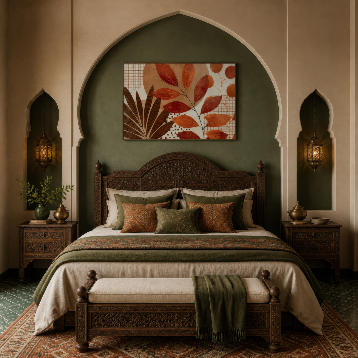 Autumn leaf collage artwork above a carved bed in a green Moorish arched alcove with lanterns