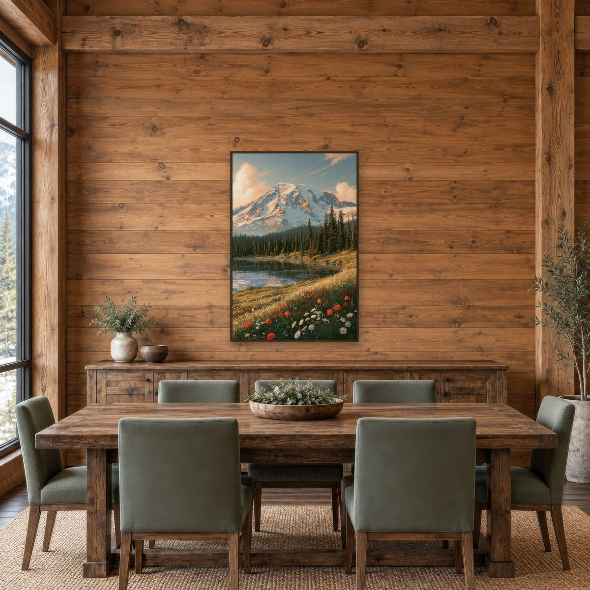 Snowy Peak Wildflower Meadow national park wall art in a dining room