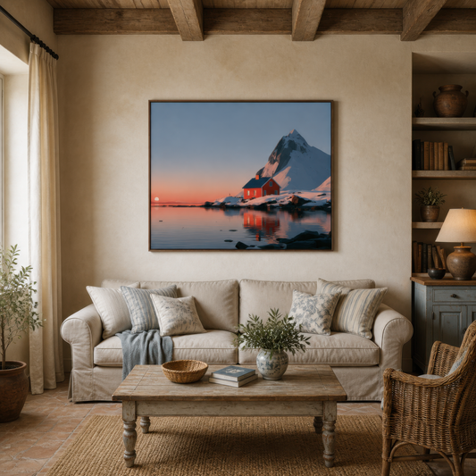 Fjord Cabin at Sunrise wall art print, alternate room view