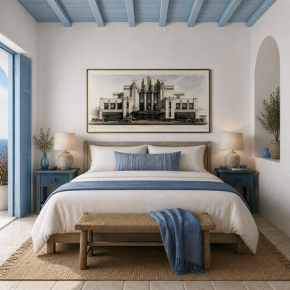 Vintage deco theater above a wooden bed with blue and white bedding under a blue beam ceiling