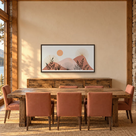 Boho Sunburst Mountains landscape wall art in a dining room