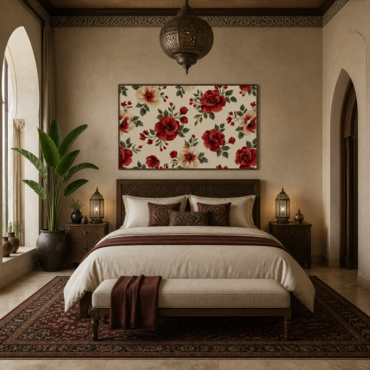 Red and Cream Rose Pattern wall art print, alternate room view