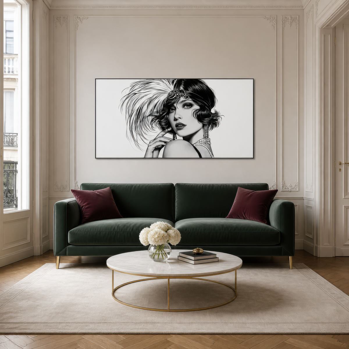 Feathered flapper portrait above a dark green velvet sofa with burgundy pillows