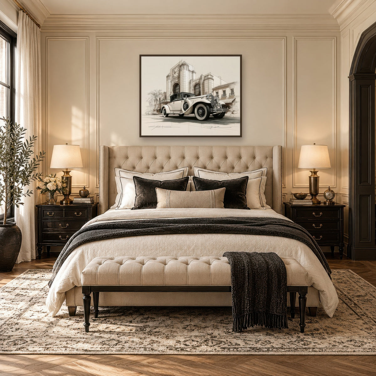 Amber Motorcar Sketch art deco wall art in a bedroom