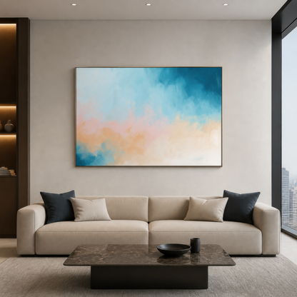 Large soft teal and apricot abstract artwork above a cream sofa in a modern living room