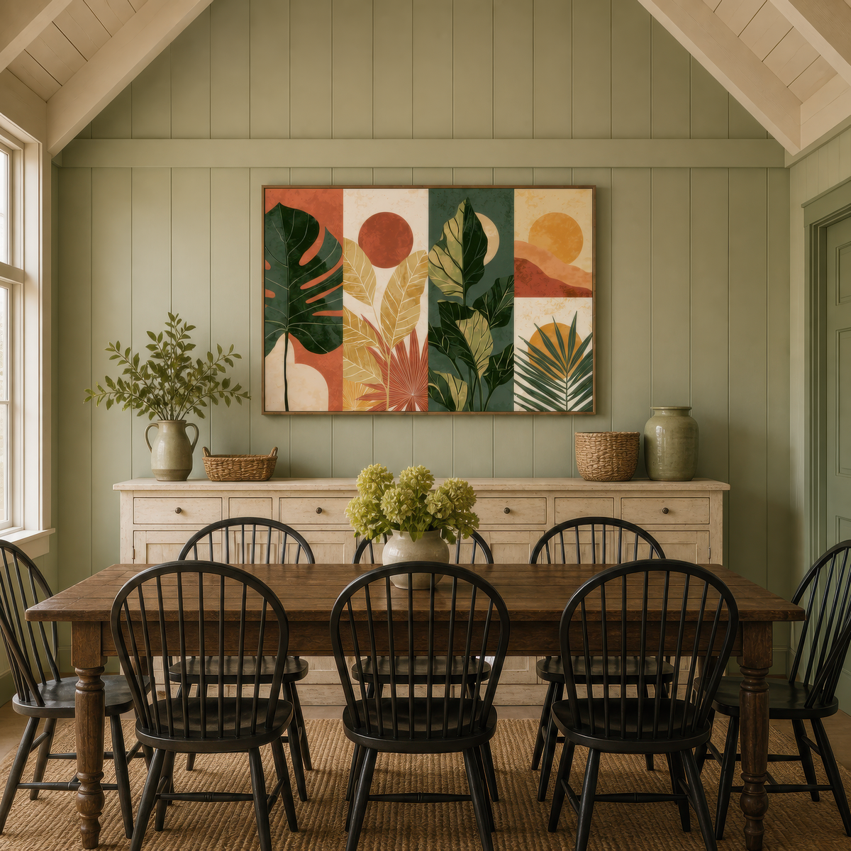 Leaf panel artwork above a cream sideboard in a sage green shiplap dining room