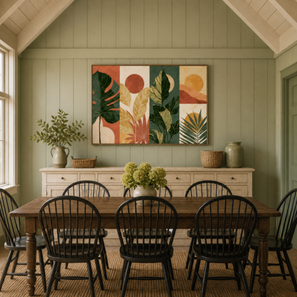 Leaf panel artwork above a cream sideboard in a sage green shiplap dining room